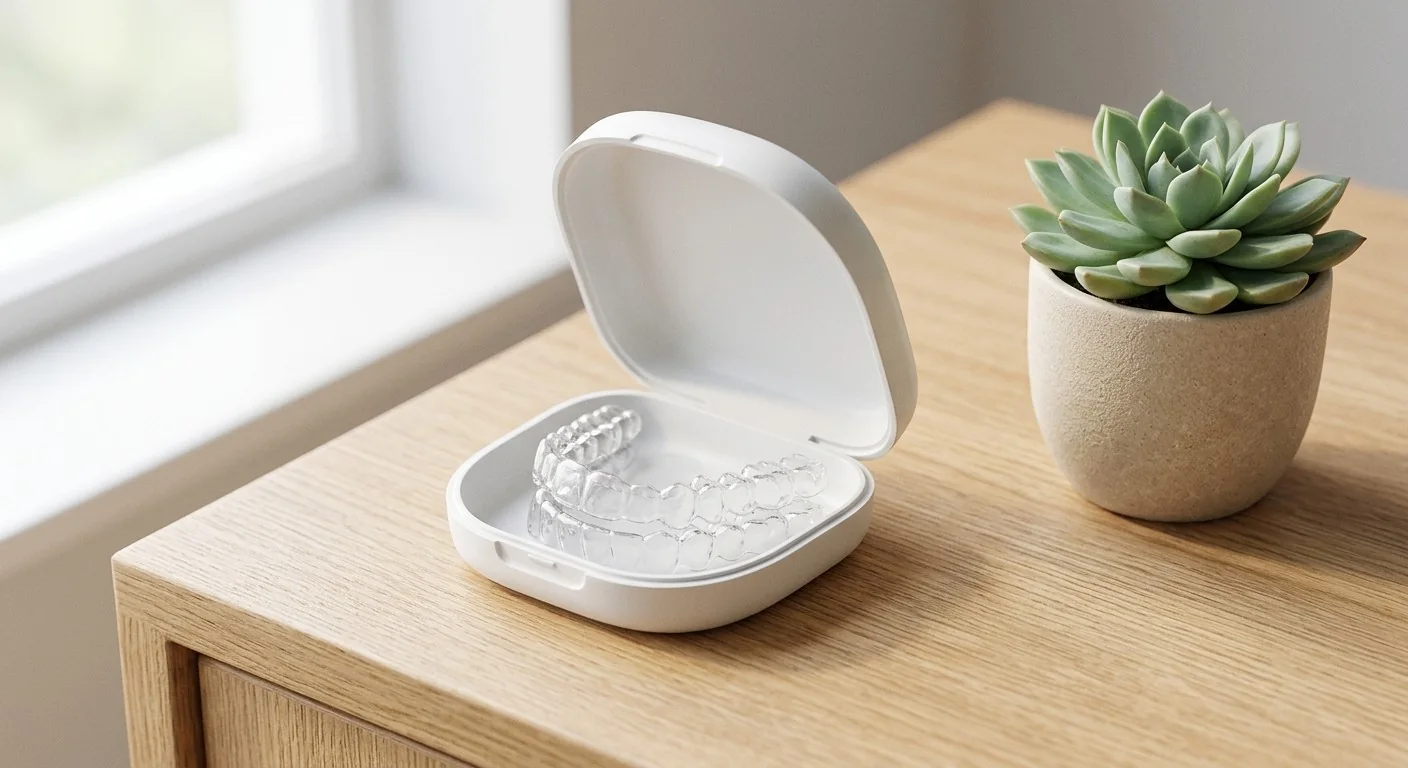 Clear aligners in a white case next to a succulent