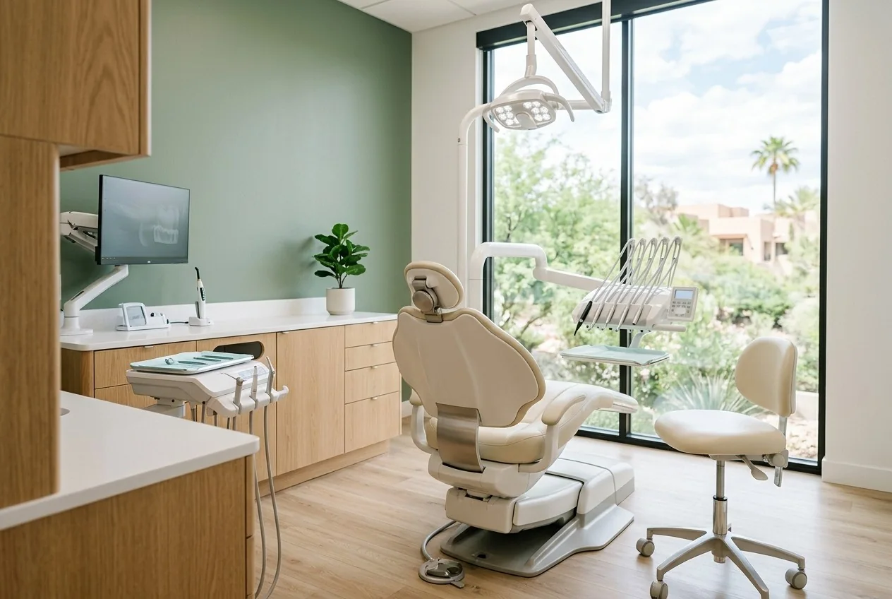 Bright treatment room with a cream dental chair