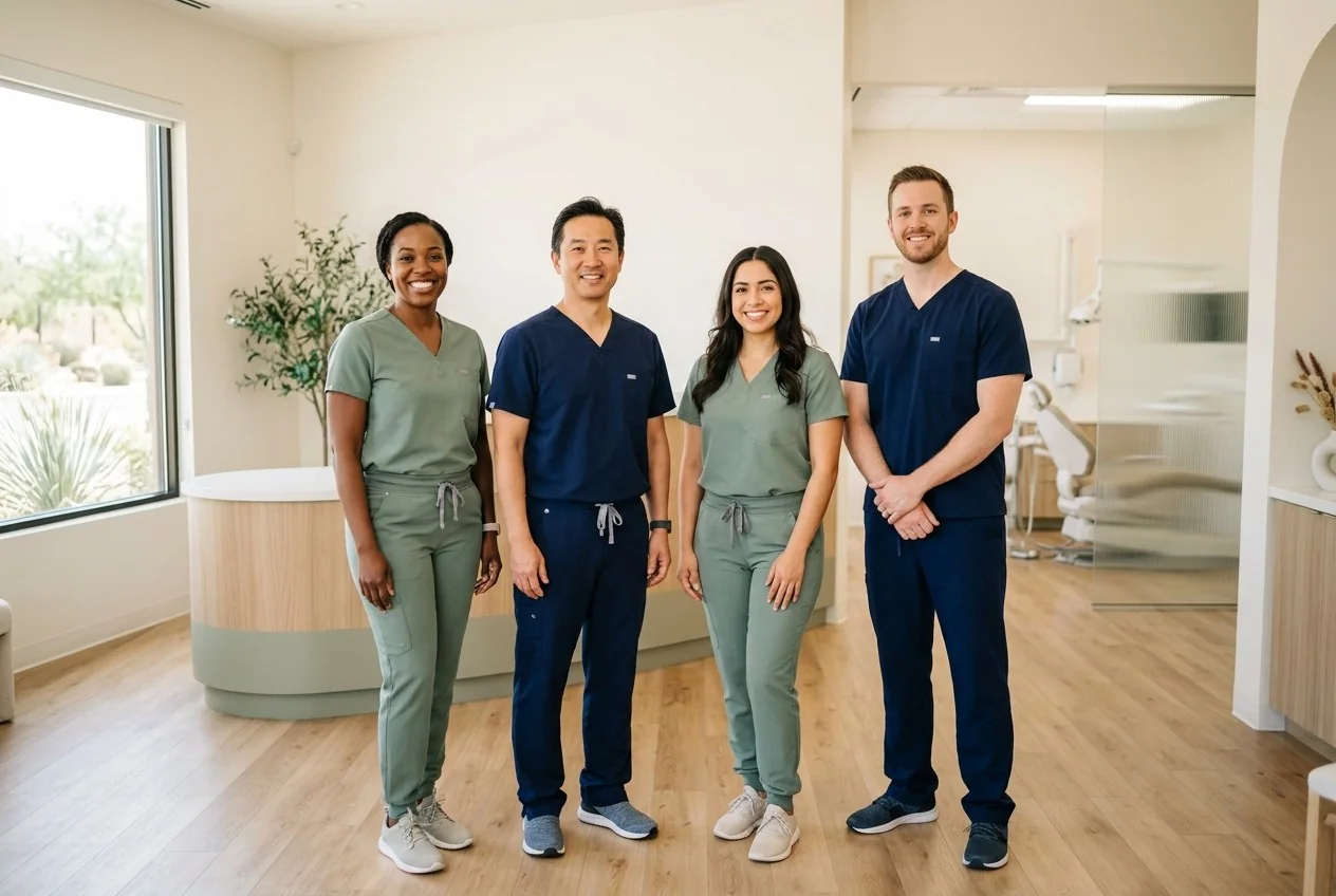 The Brightside Dental team of four smiling in sage and navy scrubs