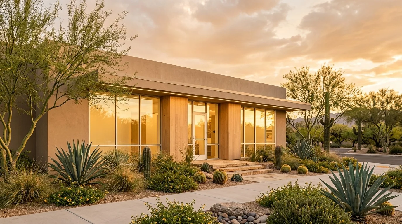 Brightside Dental building at golden hour with desert landscaping
