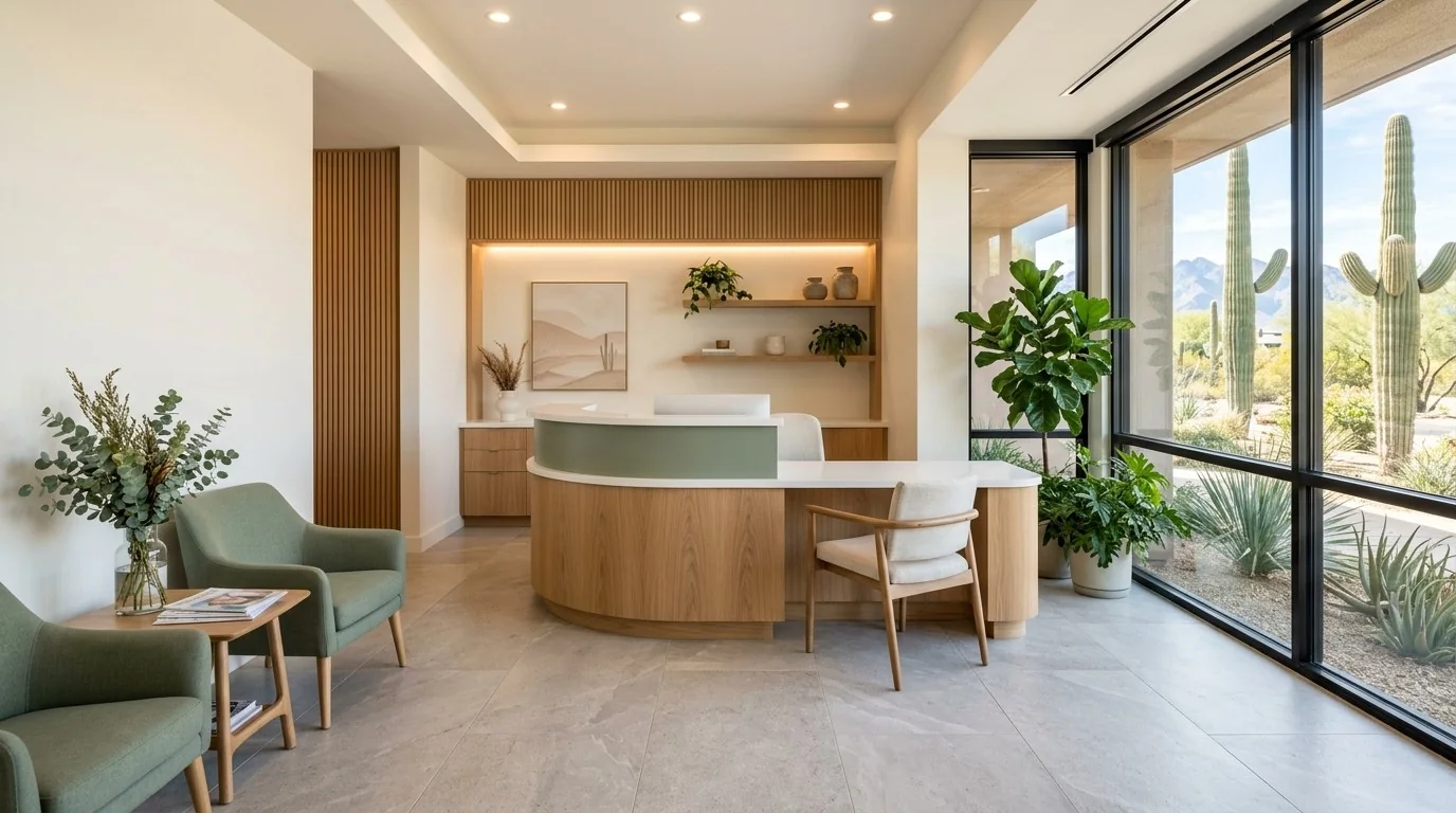 Calm reception area with sage chairs, oak desk and a view of saguaro cactus