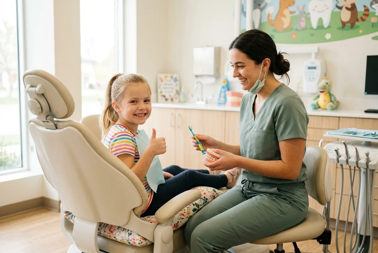 Smiling girl giving a thumbs up in the dental chair