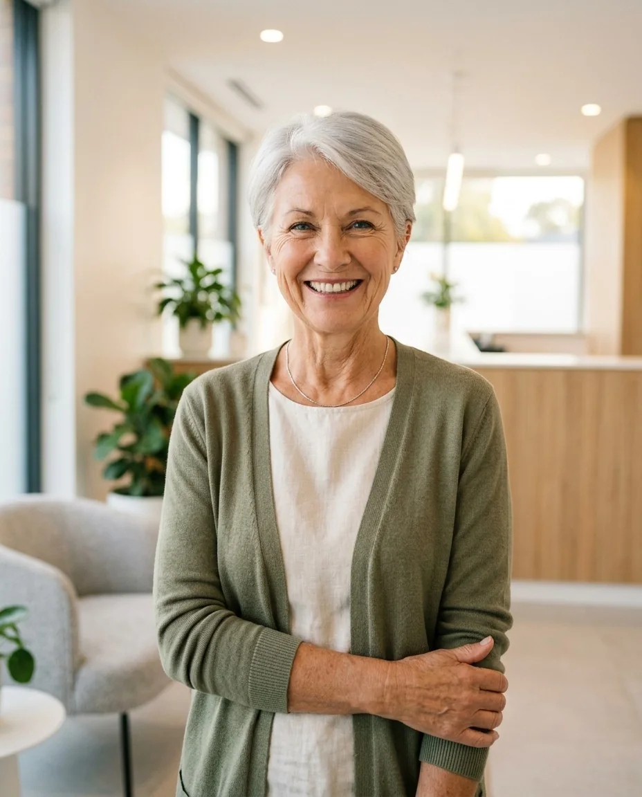 Smiling senior woman in the clinic lobby