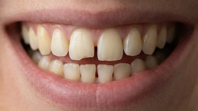 Smile before treatment, with a gap and a chipped tooth