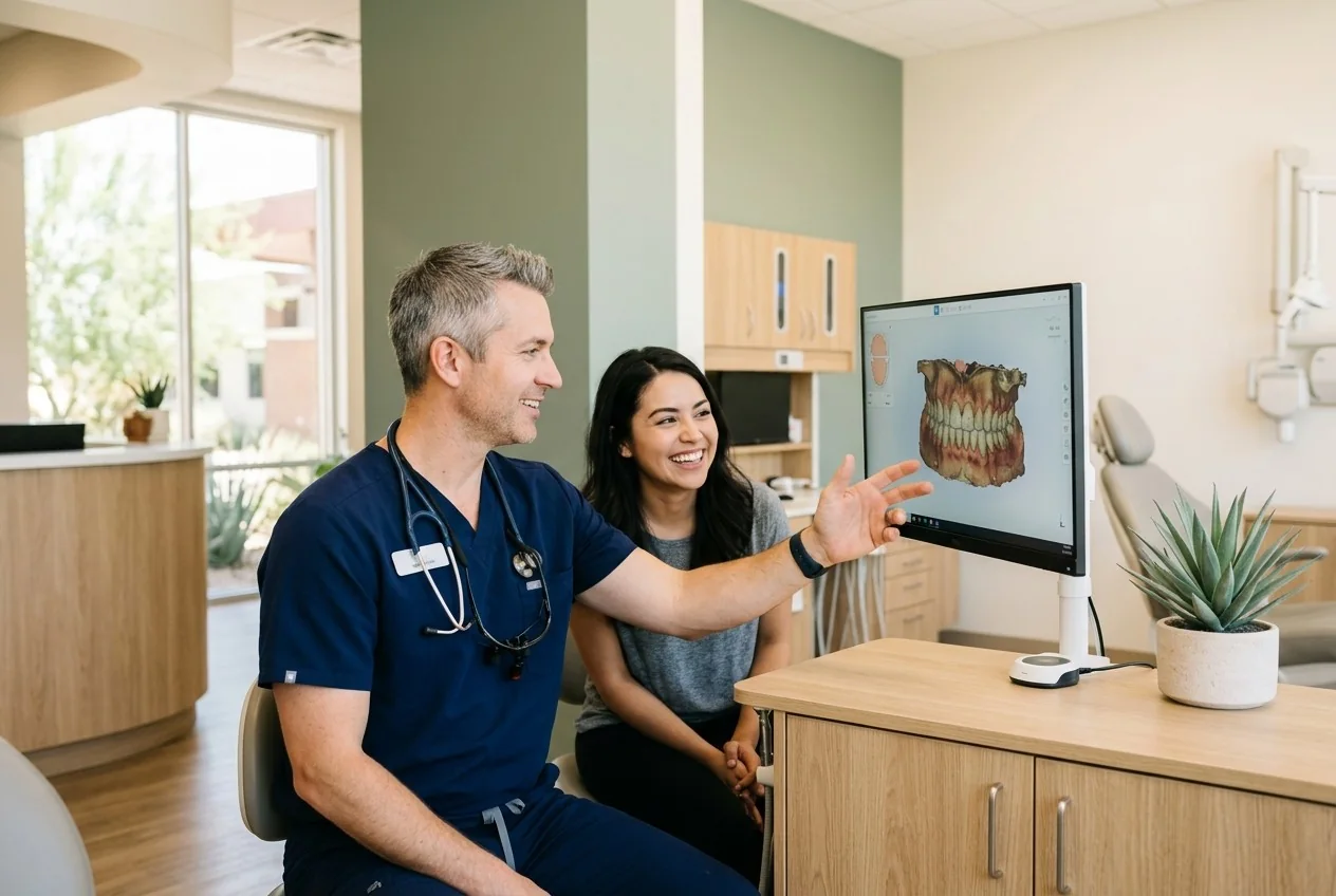 Dentist showing a patient a 3D scan of her teeth